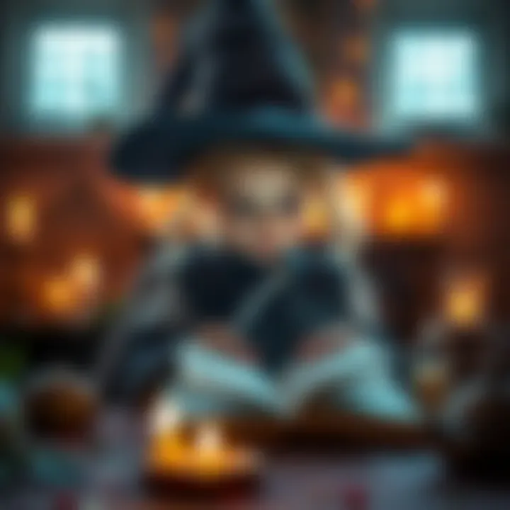 A baby witch in a cozy room surrounded by candles and herbs, focusing on casting spells, with a book of magic open in front of her.