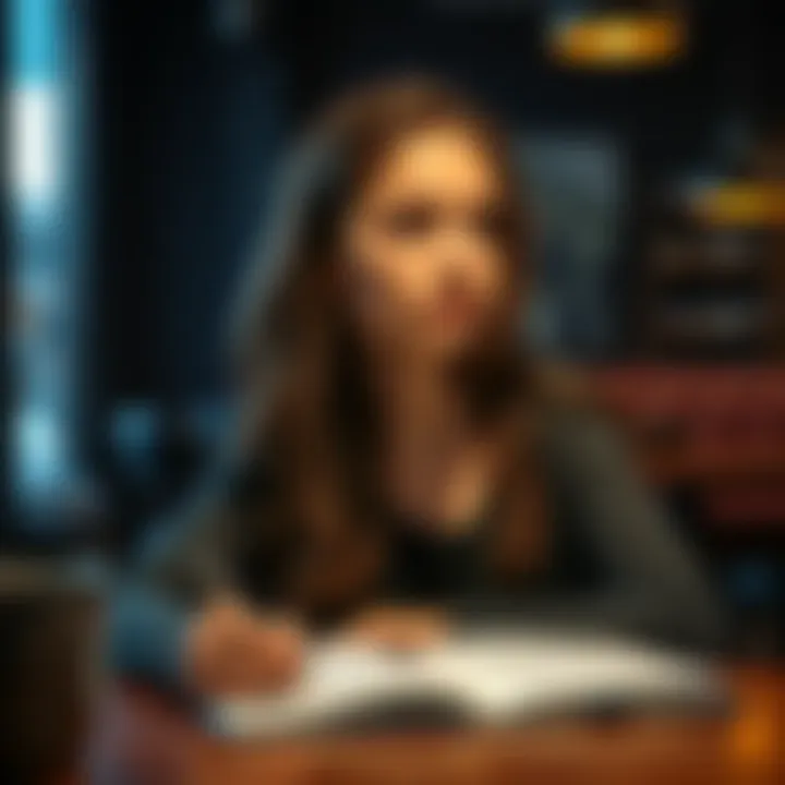 Young woman seeking advice A 24-year-old woman looks thoughtful while sitting at a table with a notebook and pen, inviting conversation about personal experiences.