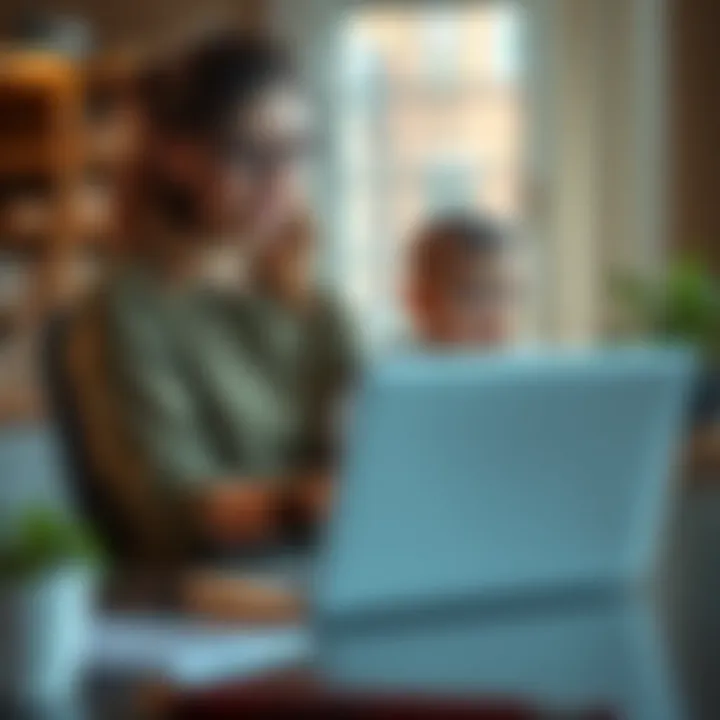 A young woman sits at a desk with a baby in her lap while working on a laptop, showing the challenge of balancing motherhood and career aspirations.