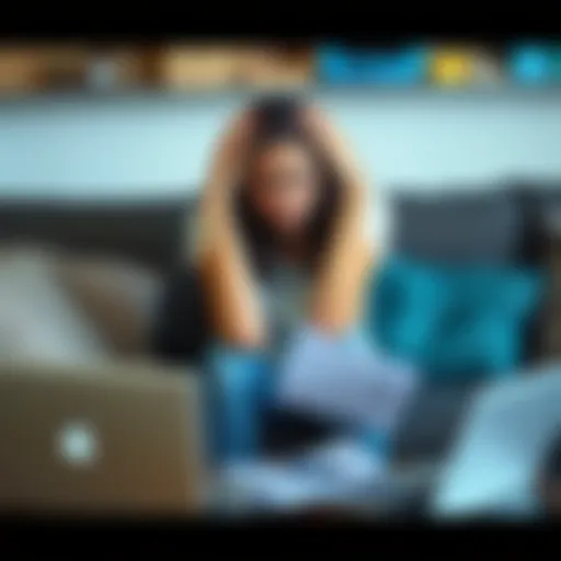 A young woman sitting on a couch, looking frustrated and holding her head in her hands, surrounded by medical documents and a laptop, reflecting her struggles with health issues.