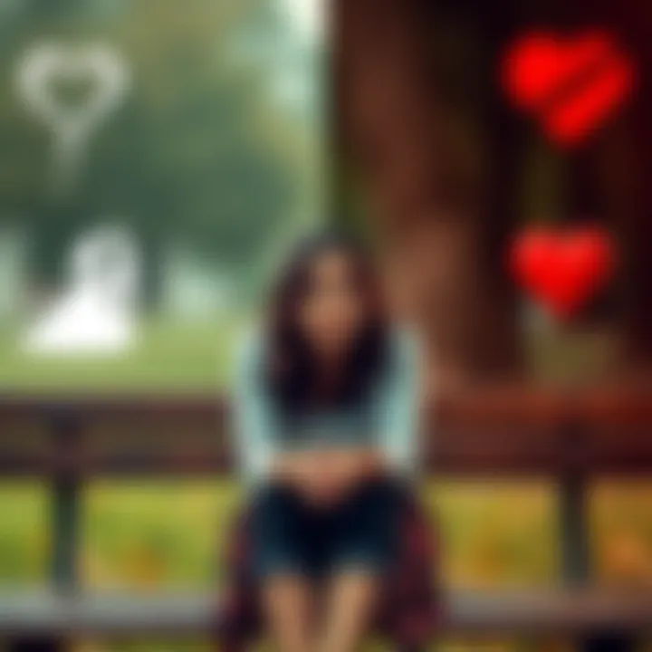 A young woman sits on a bench looking thoughtful, with a split background showing wedding symbols on one side and a heart symbol representing her ex on the other.
