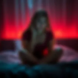 A young woman sitting on a bed, looking troubled and lost in thought, surrounded by dim lighting and shadows, illustrating her disturbing dream after taking Benadryl.