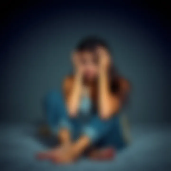 Young Woman in Distress A 23-year-old woman sitting on a bed, looking overwhelmed and emotional, wearing casual clothes, with her head in her hands, symbolizing struggles and frustrations of young adulthood.