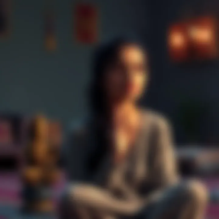 A 20-year-old woman sits in prayer, looking somber and reflective, with a small statue of Lord Shiva beside her.