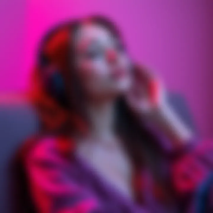 A young woman relaxing with headphones, focused on improving her beauty using subliminal audio tracks.