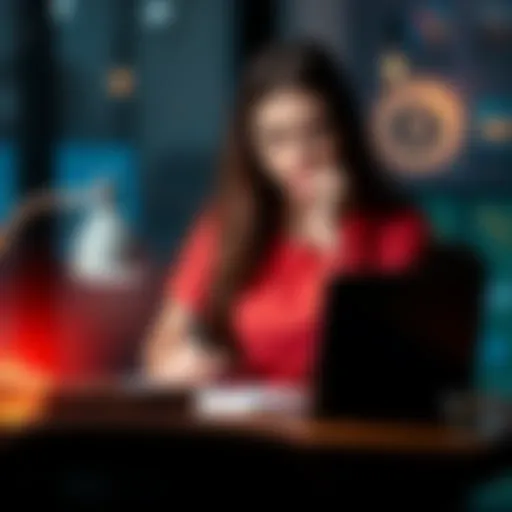 A 26-year-old woman with long hair sitting at a desk, thoughtfully looking at a notebook and a laptop, representing her love life and career choices.