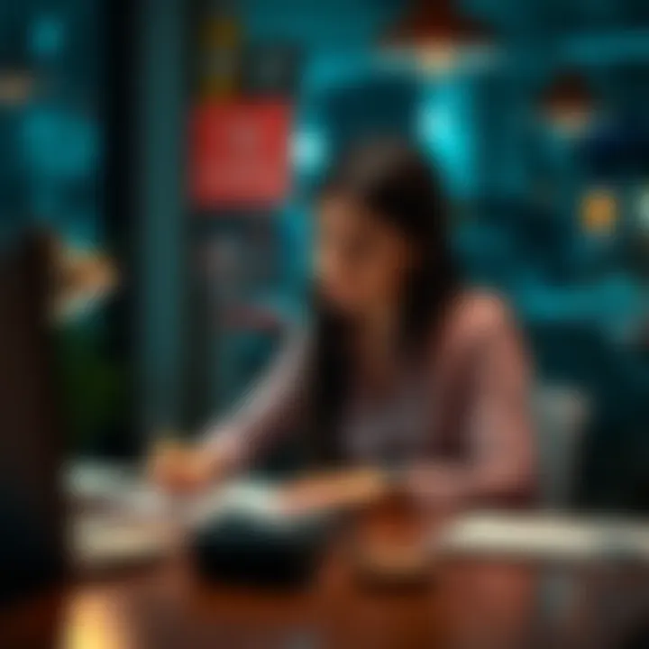 Young woman thinking about love and career A 28-year-old right-handed woman sitting at a desk, looking thoughtful while jotting down notes about her love life and career challenges.