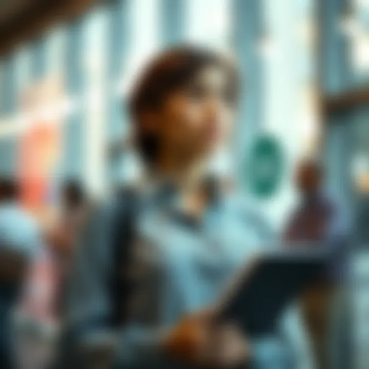 A young woman in her mid-20s looks thoughtful while holding a notebook, considering her responsibilities as a new manager and translator for a course.