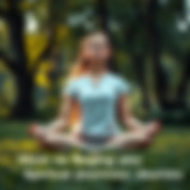 A young woman sitting cross-legged on grass, meditating with eyes closed, surrounded by trees and nature