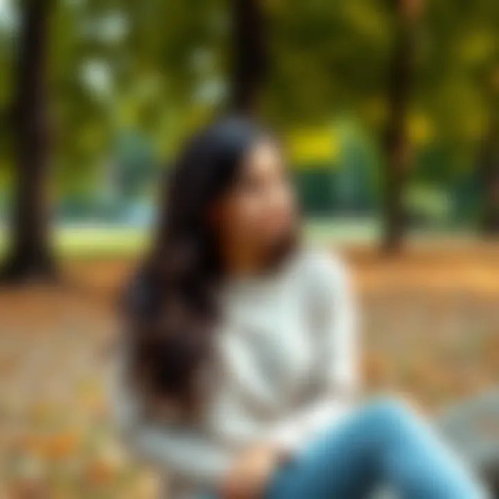 A 26-year-old woman sitting in a park, looking thoughtful as she contemplates her future family plans.