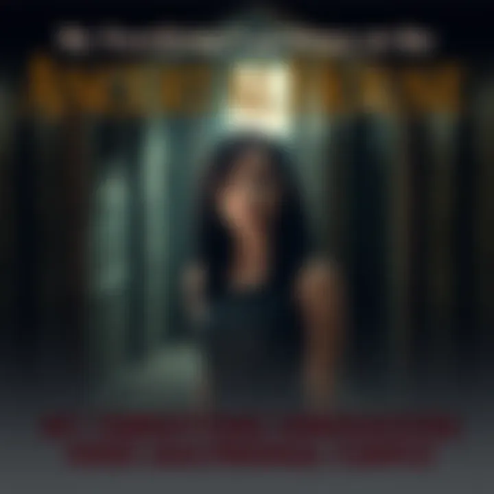 A young woman exploring a dimly lit ancestral house with a worried expression, shadows lurking in the background