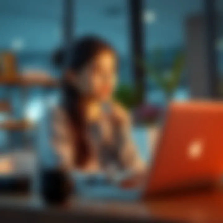 Young woman engaging in online conversation A 24-year-old woman on her laptop, participating in an online forum discussion, with thoughtful expressions on her face, inviting others to share their insights.