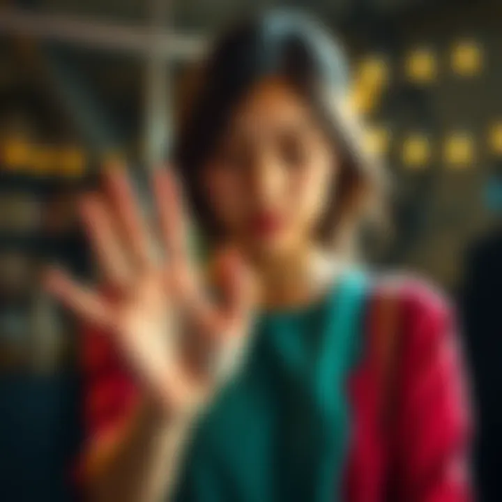 Young woman examining palm A 21-year-old woman holding her hand up to examine her palm, looking thoughtful and curious about palm reading.