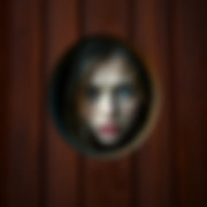 A young woman in a distressed expression peering through a peephole, indicating she feels unsafe at home.