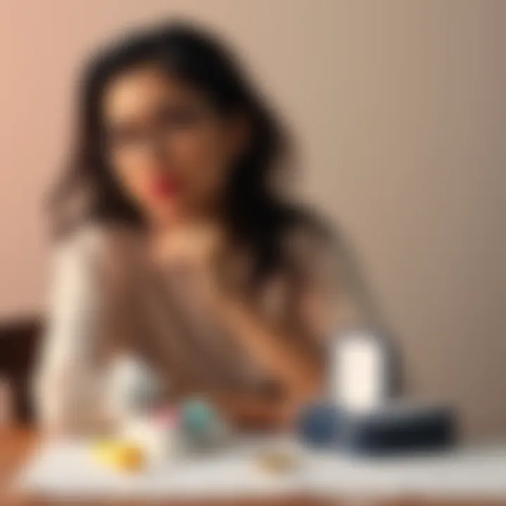 A thoughtful 27-year-old left-handed woman sitting at a table with a wedding ring and baby items, contemplating her future.