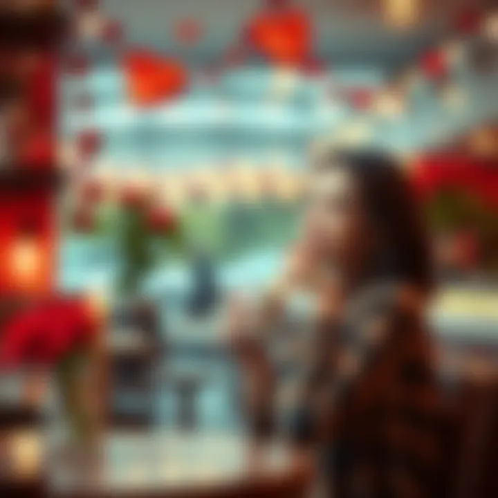 A 26/27-year-old woman sitting in a cozy cafe, looking thoughtful while sipping coffee, with romantic decorations around her.