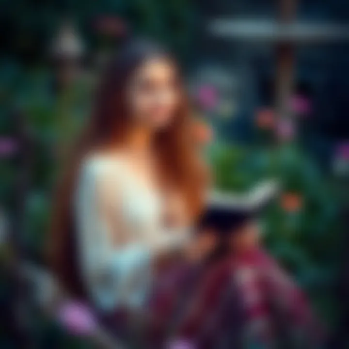 Young Woman Seeking Pagan Friends A young woman with long hair sits in a peaceful garden, holding a journal and looking hopeful, symbolizing her search for Pagan friends to discuss beliefs and experiences.