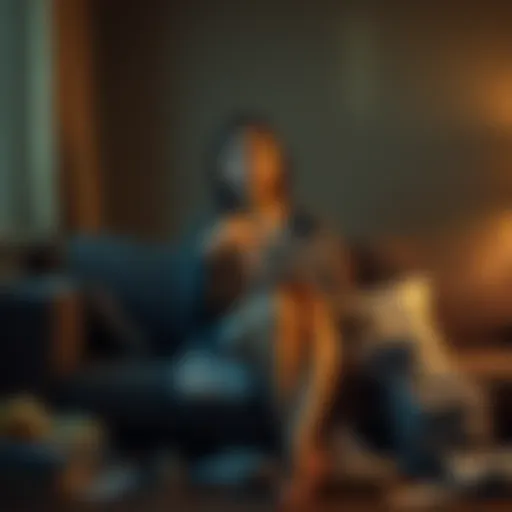 A 28-year-old woman with a worried expression sits on a sofa, surrounded by bills and papers, reflecting on her struggles with life pressures and loneliness.