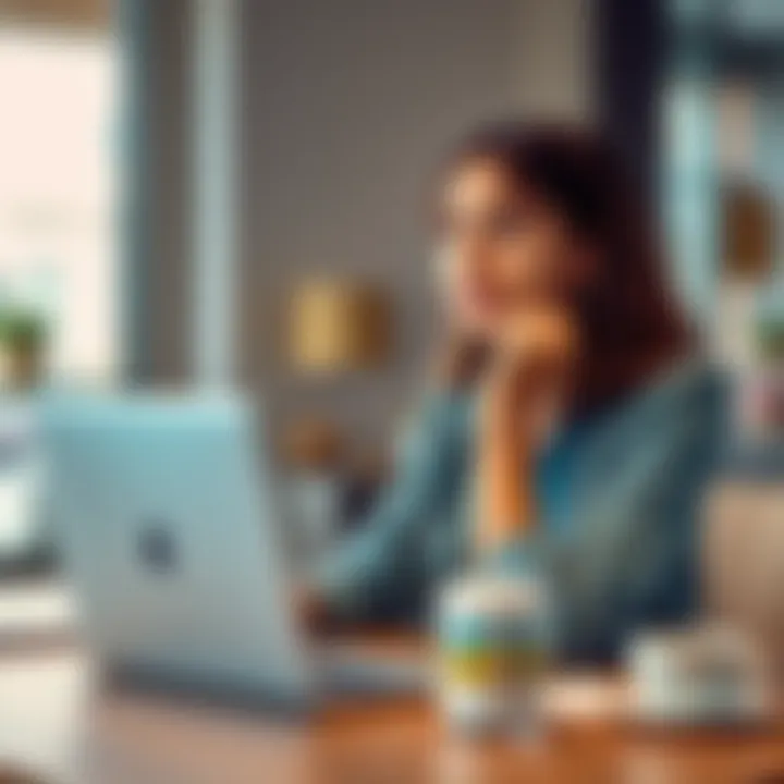 Young woman looking thoughtful A 25-year-old woman sitting at a desk with a laptop, appearing deep in thought about her career and relationship, with a coffee cup beside her.