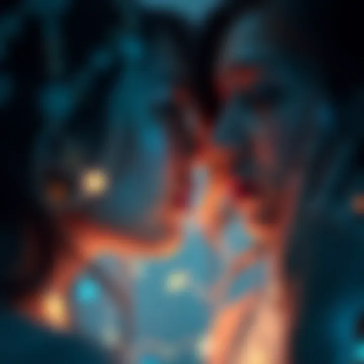 A young woman leans in to whisper in someone's ear, surrounded by soft, mystical lights.