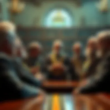 A group of younger Masons talk in a lodge, expressing their ideas on modernizing activities while older members listen with concern.
