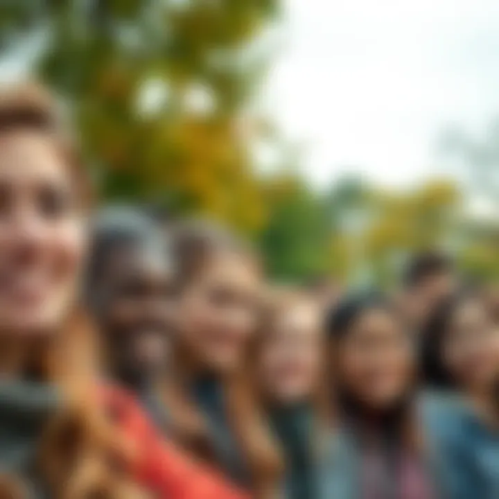 A diverse group of people with soft features and youthful appearances smiling together in a park setting.