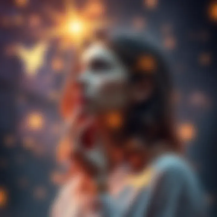 A reflective young woman surrounded by ethereal symbols and soft light, symbolizing clairsentience and emotional connection