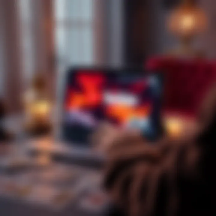 A person watching a tarot reading video on a laptop, with tarot cards spread on a table nearby.