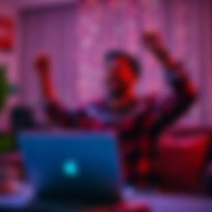 Person celebrating with a laptop after regaining access to their YouTube account, showing joy and relief.