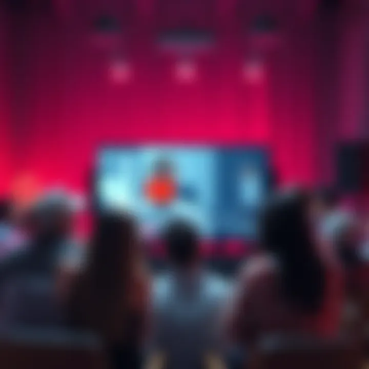 A group of people engaged in a lively discussion while watching a YouTube video on a screen.