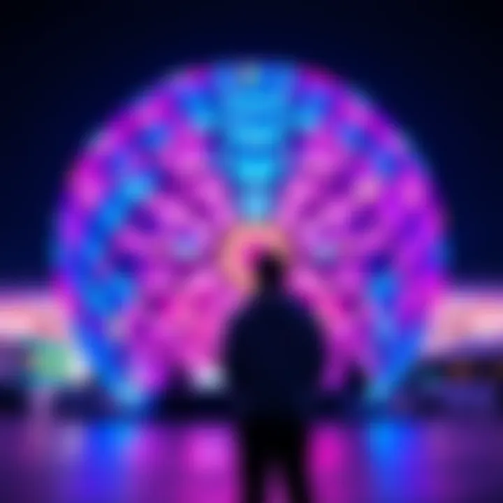 YouTuber at Buga Sphere A Spanish tech YouTuber stands amazed in front of the Buga Sphere, with colorful lights reflecting off its surface.