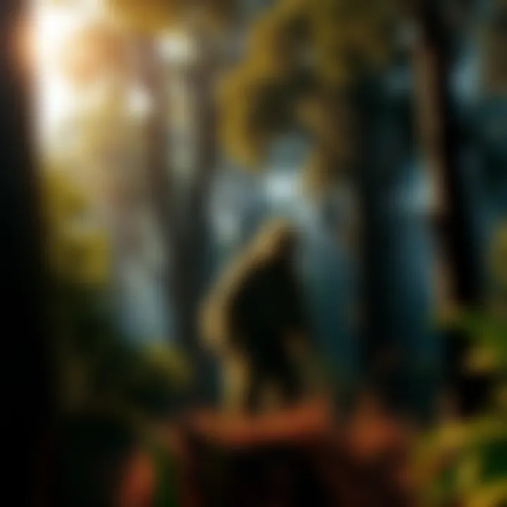 A depiction of the Yowie creature standing in a dense Australian forest, resembling a large hairy humanoid figure amongst gum trees and foliage.
