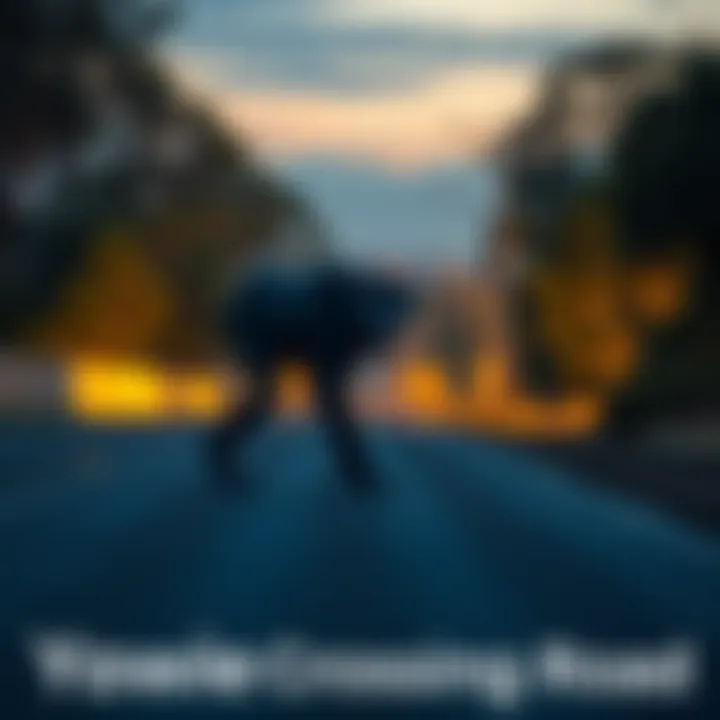 A yowie, a large ape-like creature, crossing a quiet road in Australia during dusk, surrounded by trees and shadows.