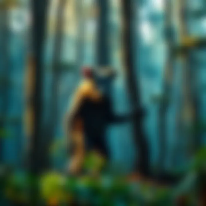 A depiction of a Yowie creature standing among trees in a dense forest setting, looking curious but cautious.