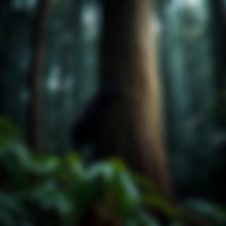 A Yowie figure peeking from behind a tree in a dark forest setting, surrounded by foliage.