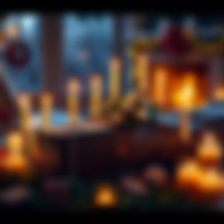 Candles and Gifts for Yule Celebration A cozy scene with lit candles representing family members and a decorated Yule log with gifts around it