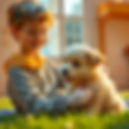 Zac smiling and playing with a small, fluffy puppy in a bright, cheerful setting