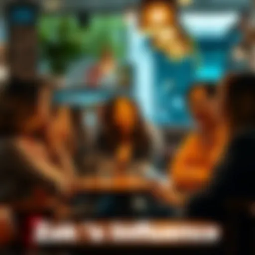 A group of women smiling and discussing in a cozy café with Zak sharing his thoughts, showing how he impacts their choices and relationships.