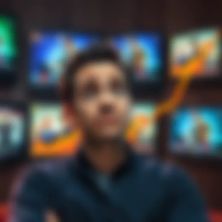 A worried Zak looking at a declining graph with TV screens in the background, showing his show's low ratings and short episodes.