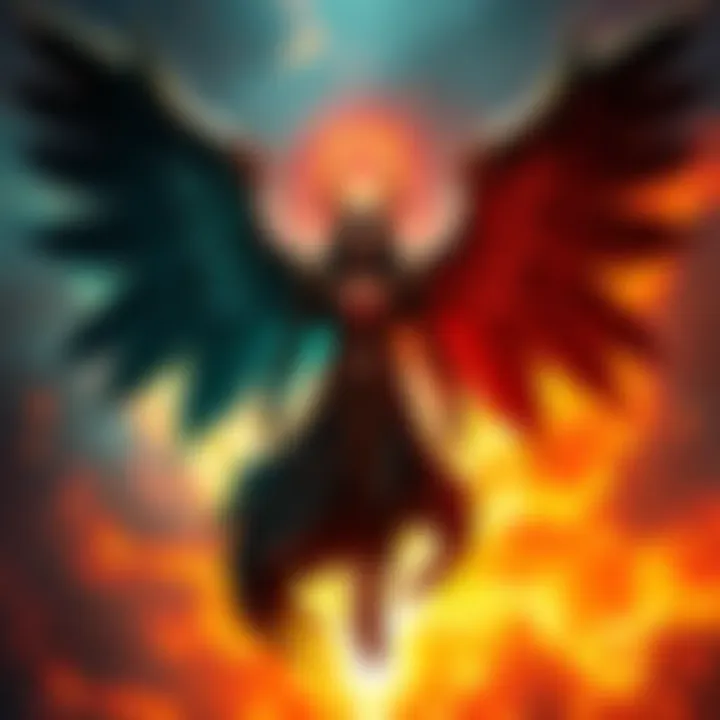 A visual representation of Zaziel, showing a figure with dark wings and a glowing aura, embodying both angelic and demonic traits.