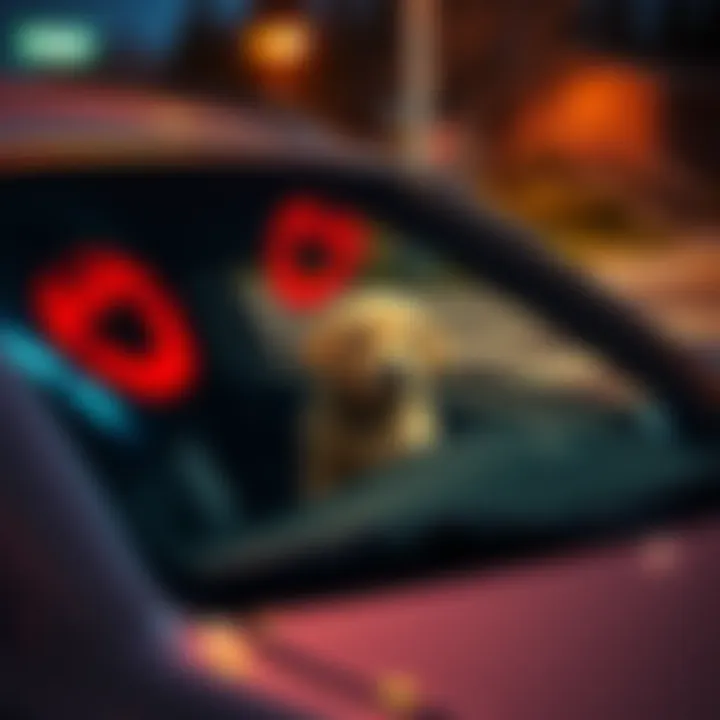 Zeb Quinn's Car with Clues A car parked with lipstick marks on the window and a small puppy inside, hinting at the missing teen case of Zeb Quinn.
