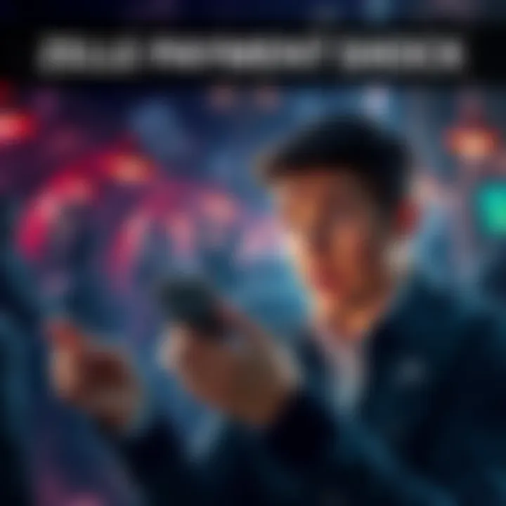 A man looks at his phone with a shocked expression as he sees a Zelle payment alert. In the background, a dark and chaotic scene symbolizes gambling and addiction.