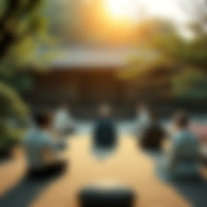 A group of people meditating together in a serene Zen garden, emphasizing the importance of Sangha in Zen practice.