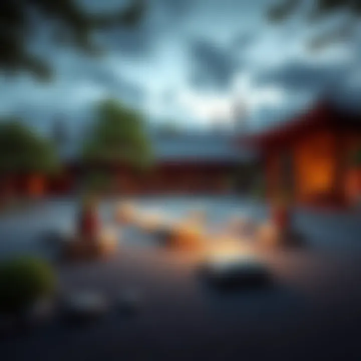 A peaceful Zen garden featuring stones, small plants, and a meditation area with cushions.