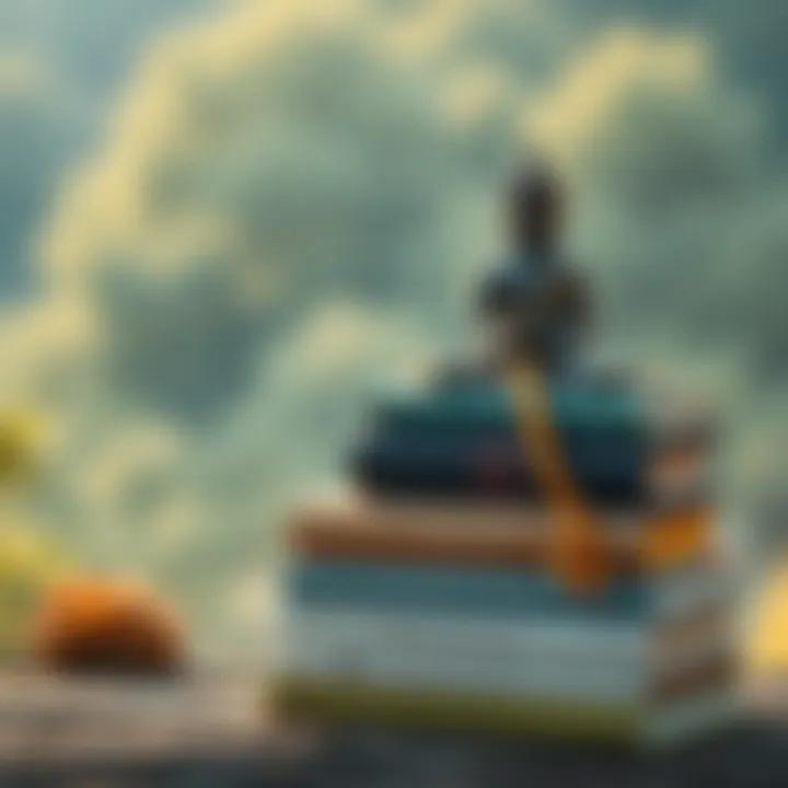 A stack of Zen books including the Dhammapadas with a calming background of nature