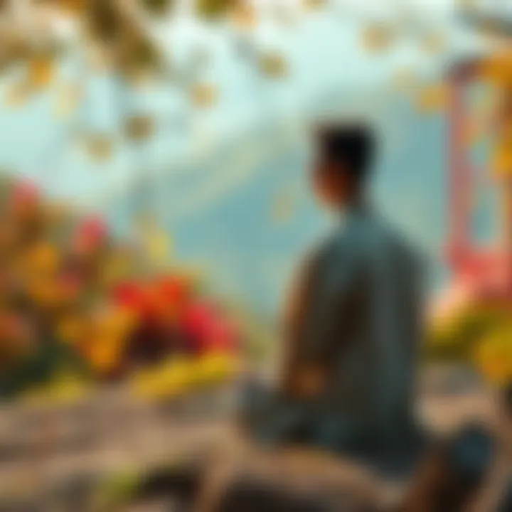 A person meditating in a serene outdoor setting surrounded by nature, reflecting on Zen Master teachings.