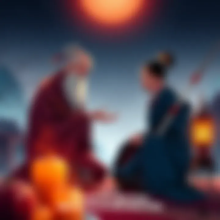 A serene scene depicting Zen teachers Huairang and Mazu engaged in profound conversation, with elements symbolizing enlightenment and mindful understanding in the background.