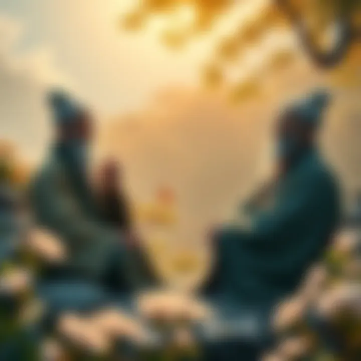 Zen Masters Discussion A serene scene of Zen masters Fayan, Huineng, and Linji engaged in a thoughtful discussion, surrounded by nature symbolizing peace and enlightenment.