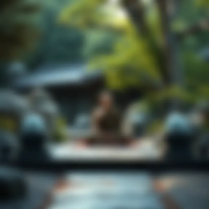 A serene Zen meditation scene with a monk sitting cross-legged in a tranquil garden surrounded by rocks and greenery.