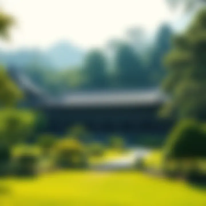 A peaceful Zen monastery surrounded by lush greenery, ideal for meditation and spiritual growth.